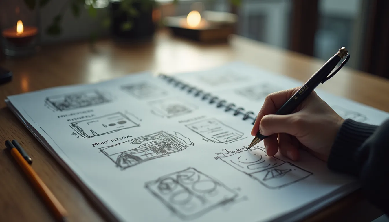 Eye-level view of a storyboard with sketches and notes